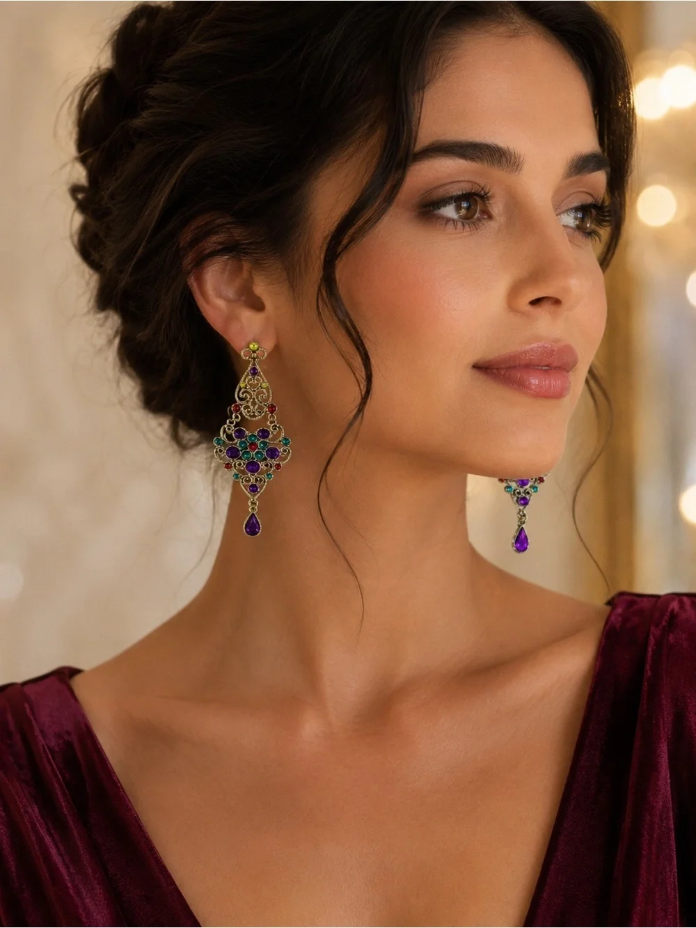 Gold Tone Filigree Chandelier Earrings Purple Teal Rhinestones Boho Statement